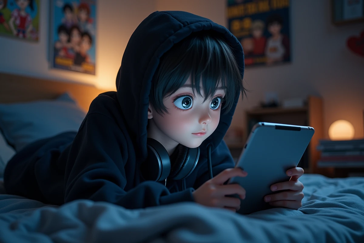 Adolescent lisant des mangas sur une tablette allongé sur son lit dans une chambre décorée d'affiches d'anime