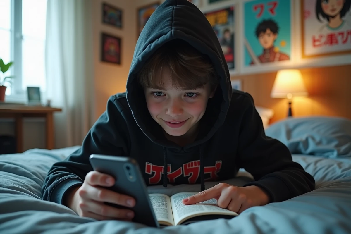 Adolescent allongé sur son lit lisant le chapitre 286 de One Punch Man sur smartphone dans sa chambre