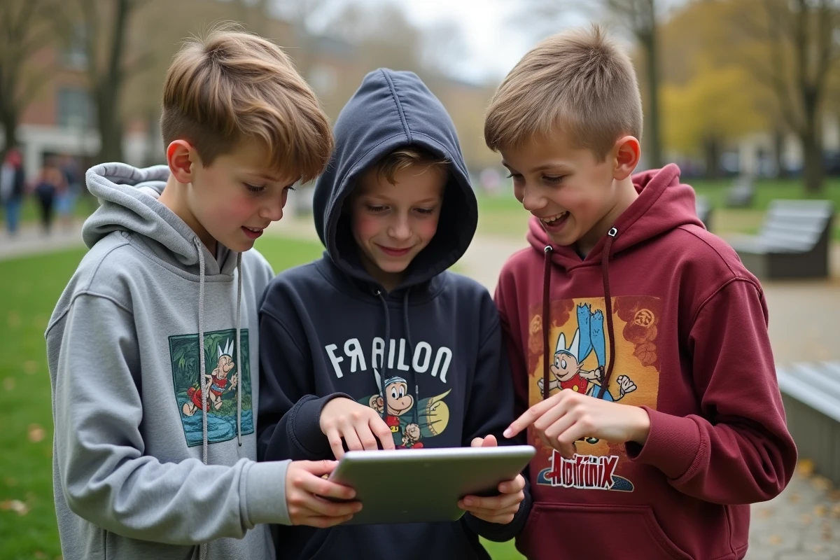 Trois adolescents jouent à un jeu Astérix sur une tablette dans un parc
