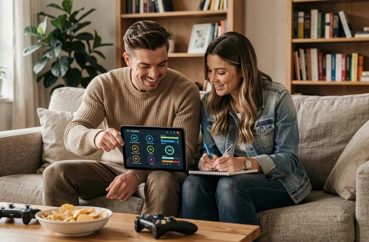 Deux amis analysant ensemble les capacités et l'harmonie d'un personnage de jeu sur une tablette dans un salon cosy