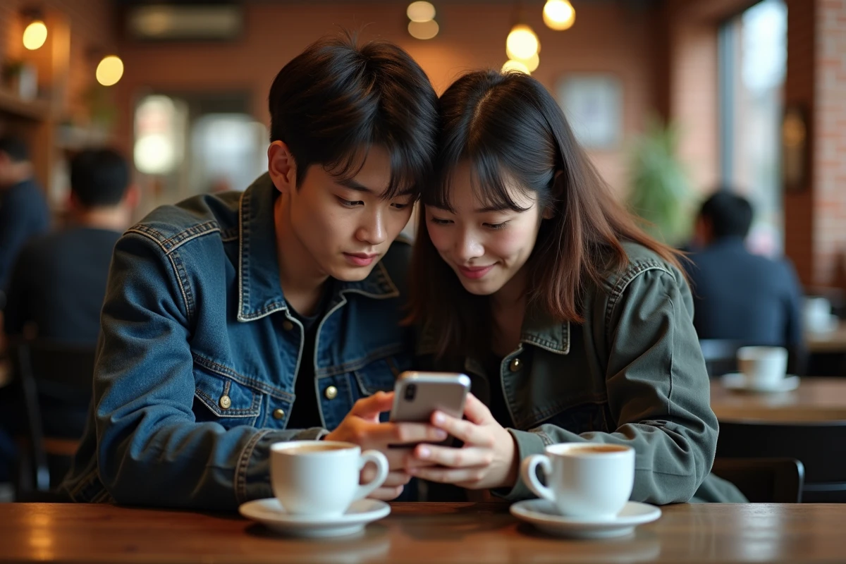 Deux amis lisant un chapitre de manga en version française sur smartphone dans un café urbain