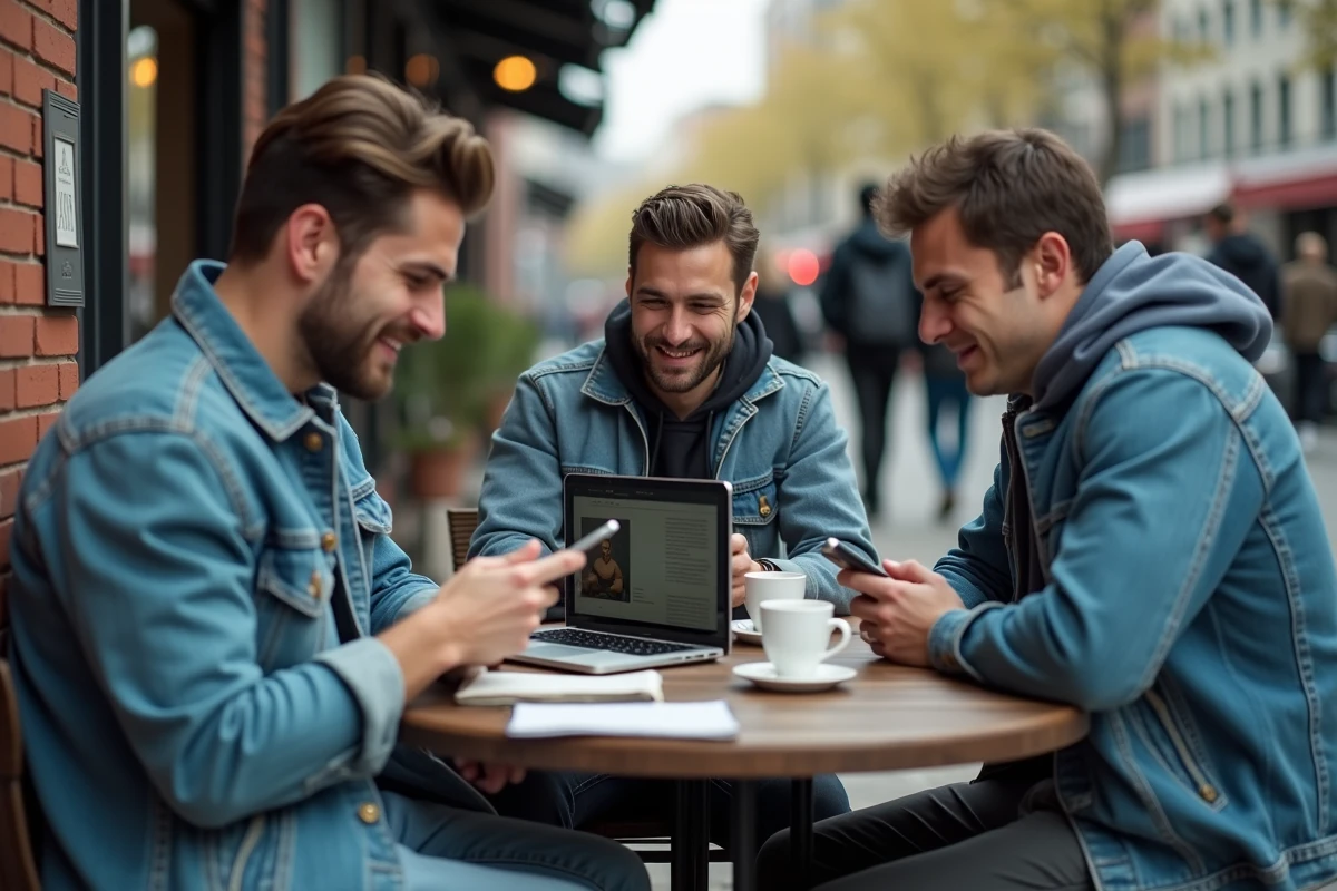 Groupe d'amis millennials autour d'une table de café consultant leurs smartphones, illustrant la transition des skyblogs vers les réseaux sociaux modernes