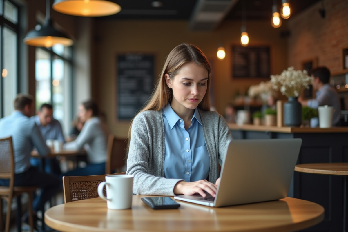 Jeune femme analyste financière travaillant sur un ordinateur dans un café