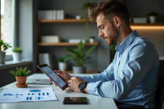 Jeune analyste financier examinant des graphiques sur une tablette