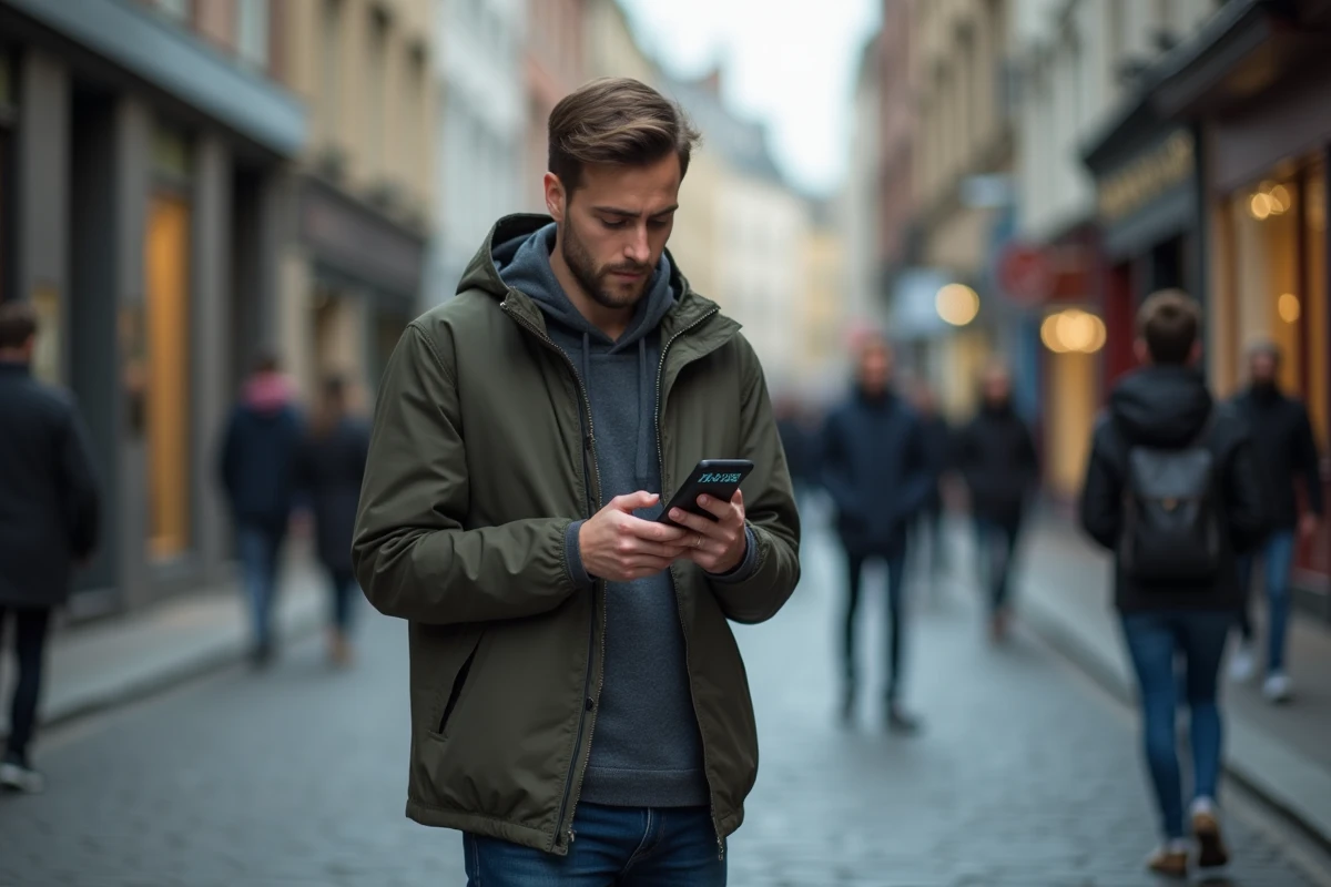 Jeune homme dans la rue consultant un appel en absence avec l'indicatif téléphonique +44 sur son téléphone