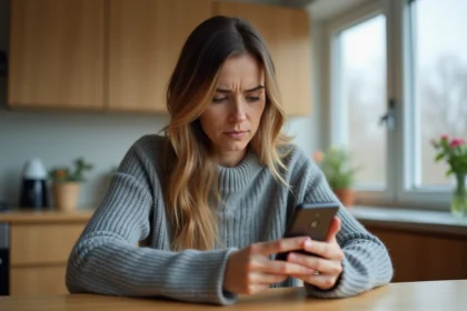 Femme regardant un appel en absence avec indicatif +44 sur son smartphone dans une cuisine moderne
