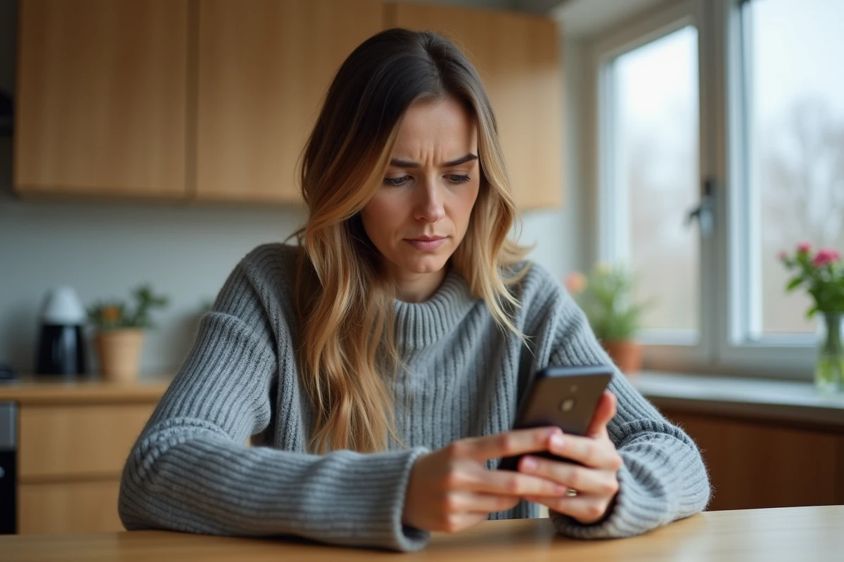 Femme regardant un appel en absence avec indicatif +44 sur son smartphone dans une cuisine moderne