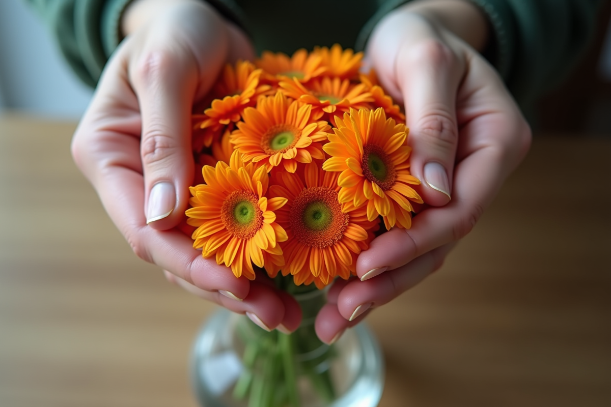 Mains arrangeant des fleurs en forme de D dans un vase en gros plan