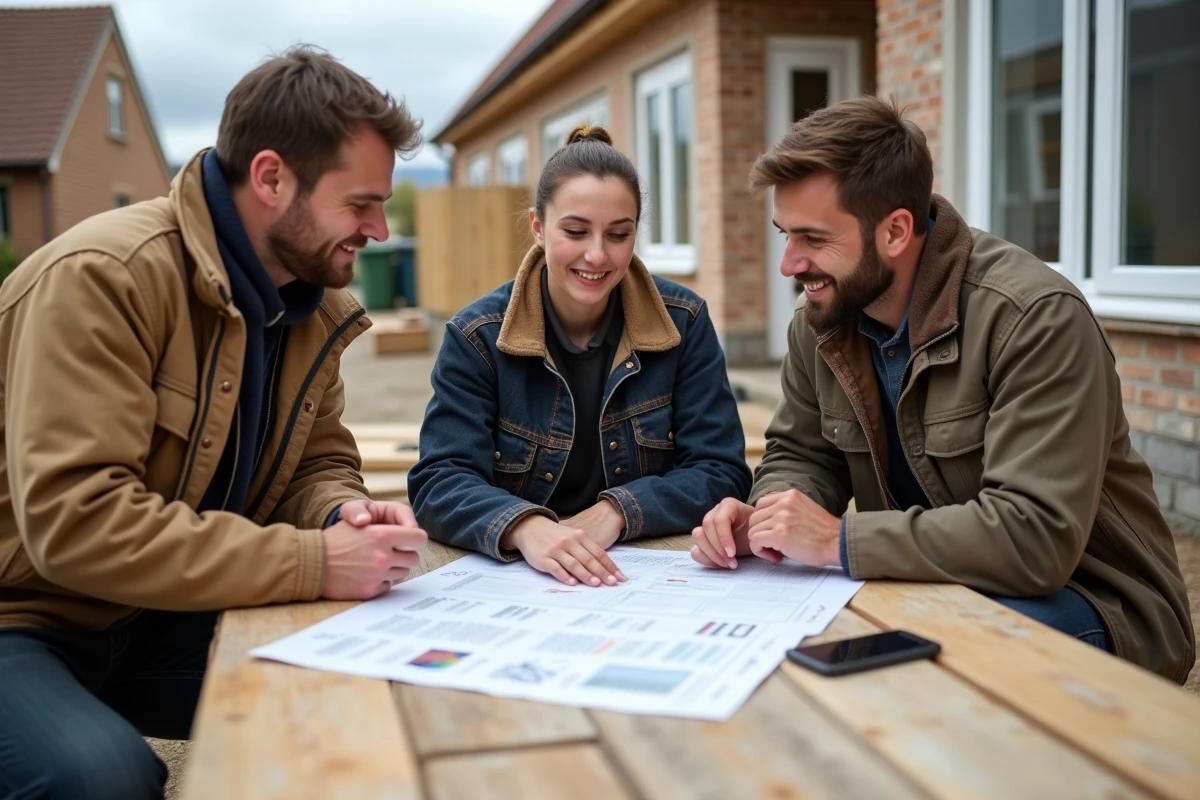 Groupe d artisans discutant autour d une table en extérieur