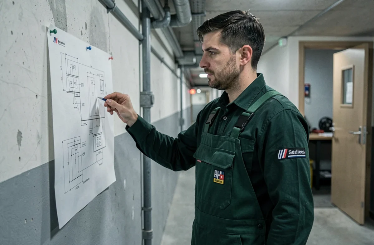 Technicien multi-services Artisans Biterrois Dépannage ABD consultant un plan technique dans un bâtiment de Béziers