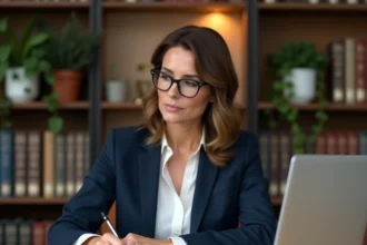 Avocate consultant des documents juridiques sur ordinateur portable dans un cabinet moderne avec bibliothèque juridique