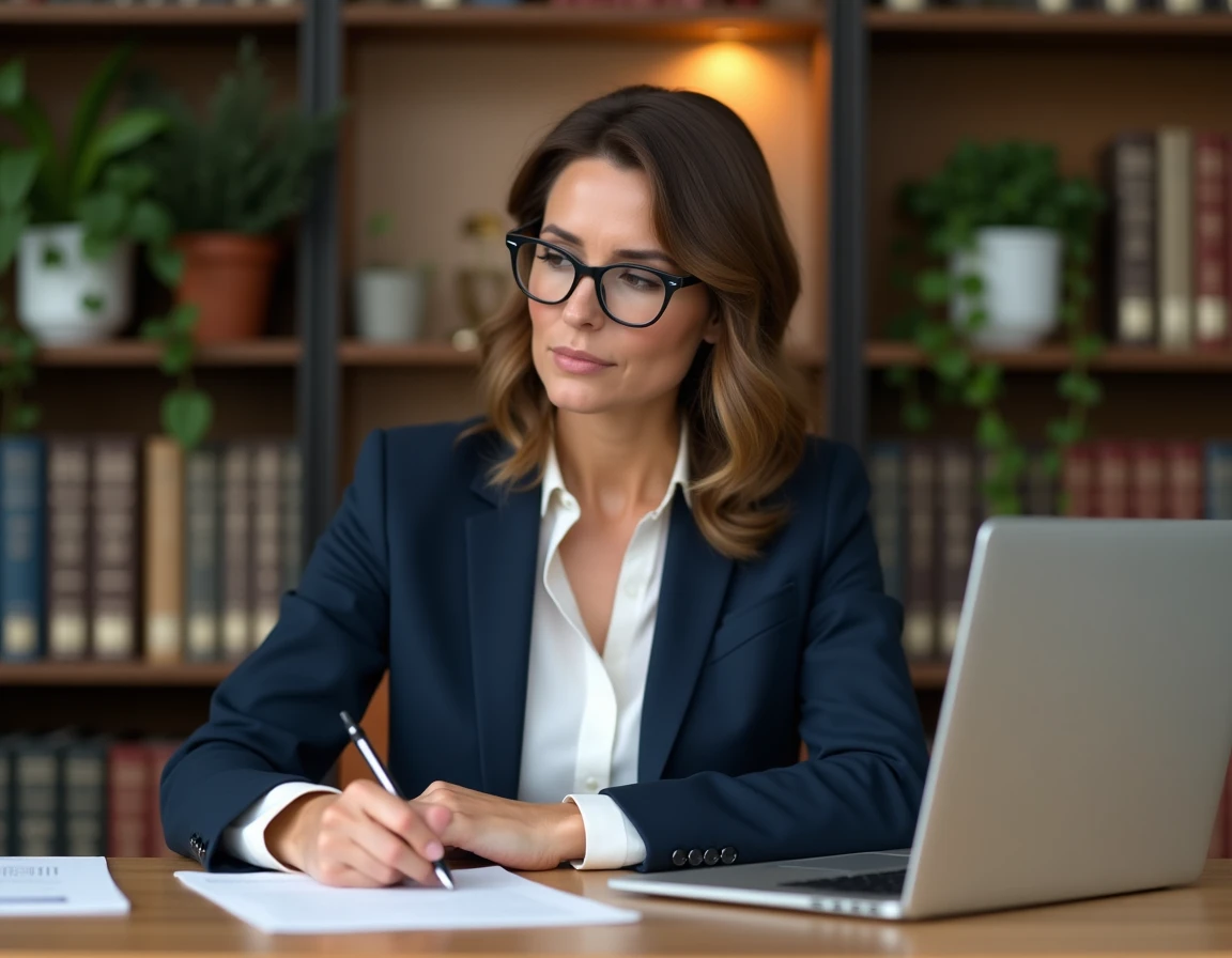 Avocate consultant des documents juridiques sur ordinateur portable dans un cabinet moderne avec bibliothèque juridique