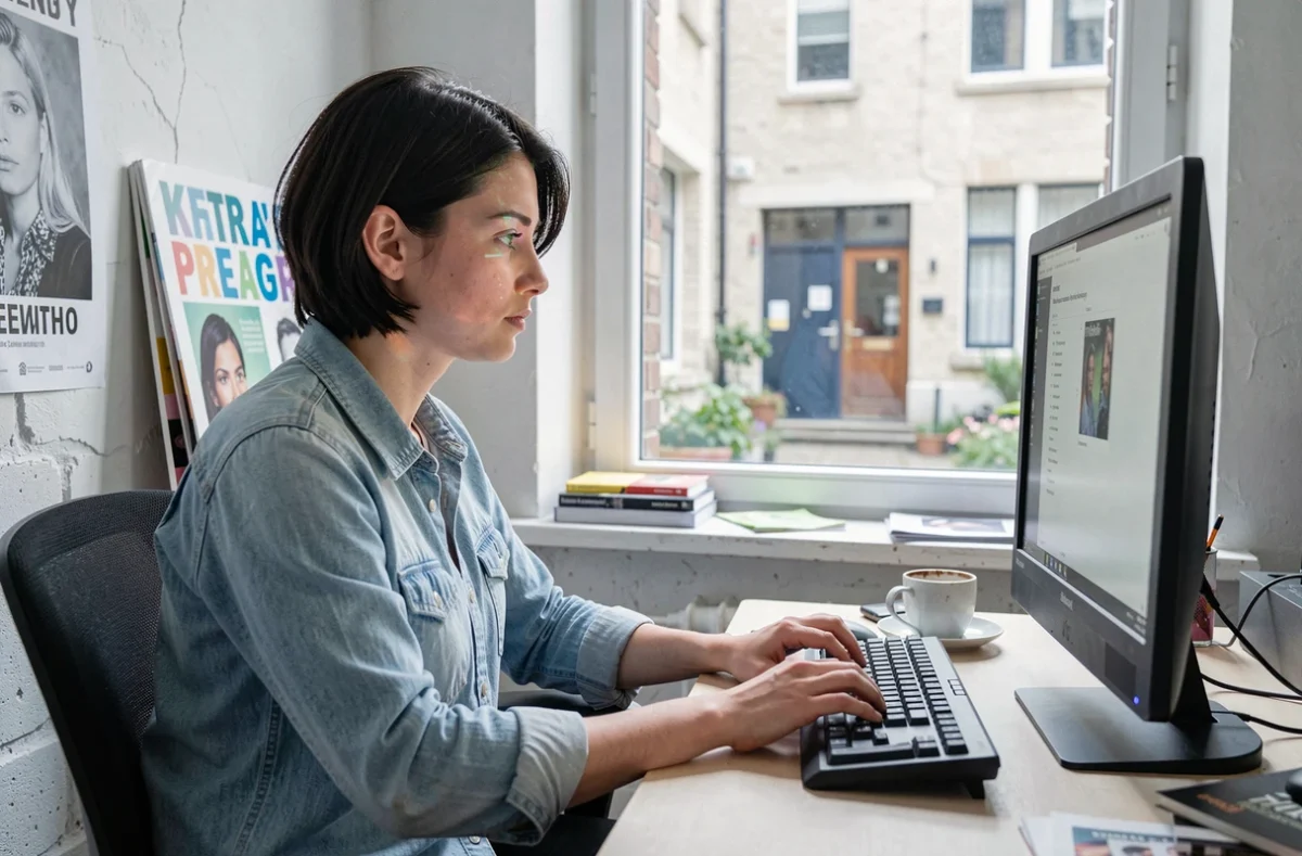 Bénévole web gérant le site internet d'une association culturelle depuis un bureau