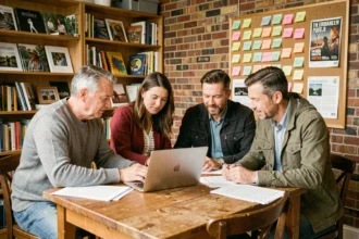 Bénévoles collaborant sur un projet web pour une structure culturelle autour d'une table de travail