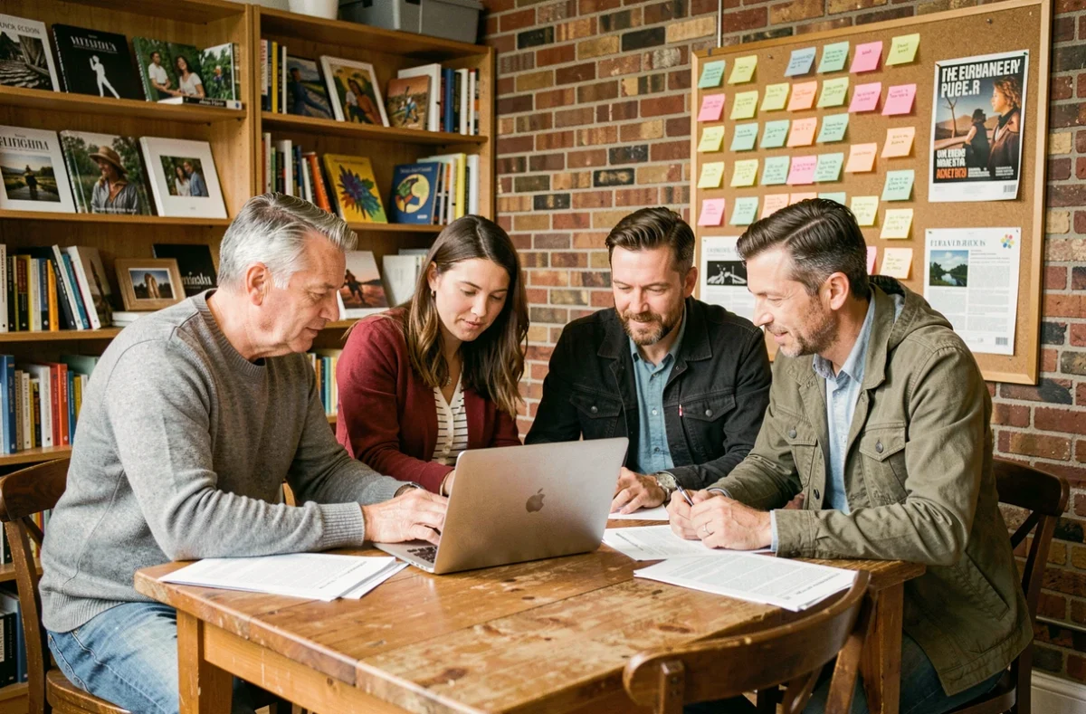 Bénévoles collaborant sur un projet web pour une structure culturelle autour d'une table de travail