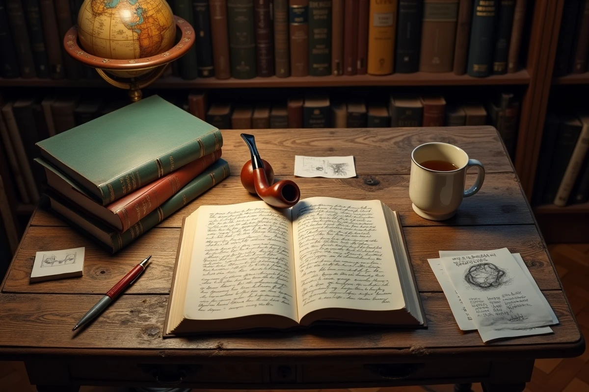 Bureau d'étude avec une pipe vintage, des livres sur Magritte et des notes manuscrites sur le surréalisme