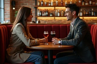 Jeune couple souriant dans un bar toulousain chaleureux