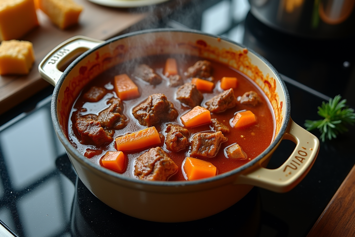 Cocotte de carbonade flamande en train de mijoter