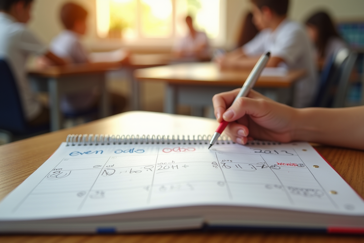 Carnet scolaire ouvert avec notes et surlignages en classe