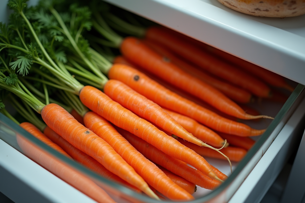 Carottes nettoyées stockées dans un tiroir de réfrigérateur