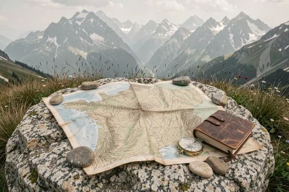 Carte topographique des massifs montagneux français dépliée sur un rocher granitique en altitude avec boussole et carnet de randonnée