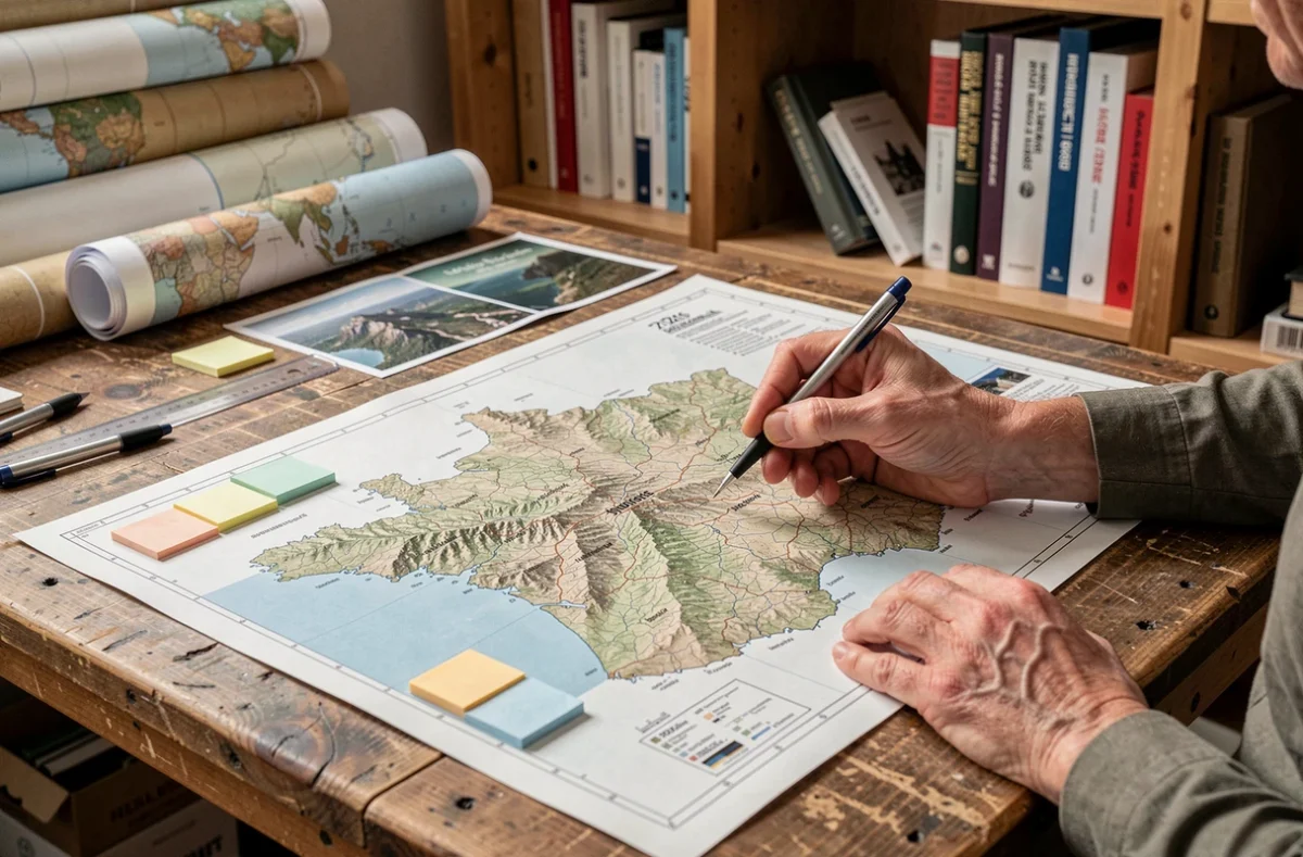 Cartographe annotant à la main une carte mise à jour 2026 des massifs montagneux français sur une table à dessin en atelier