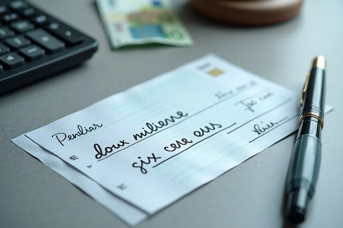Chèque bancaire manuscrit avec la mention deux mille cinq cents euros en lettres rédigée en cursive, posé sur un bureau minimaliste avec stylo et billets floutés