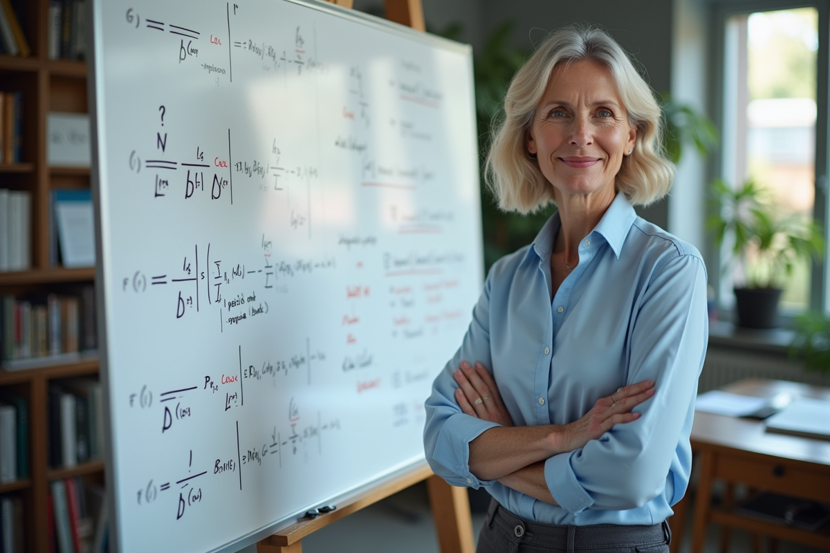 Chercheuse devant un tableau avec formules quantiques