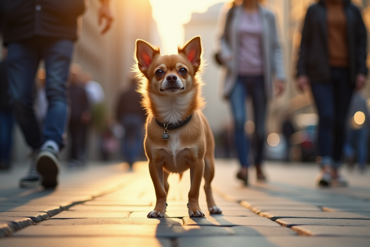 Petit chien Chihuahua en marche dans une rue urbaine animée