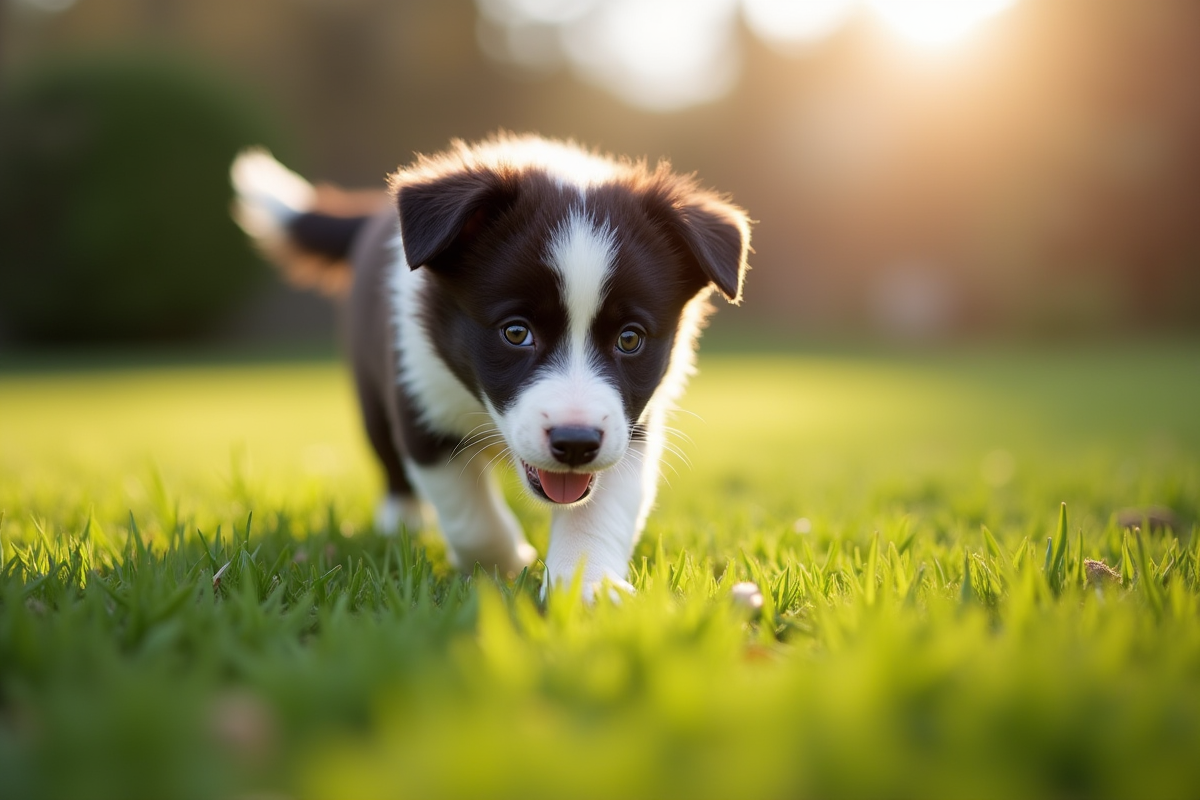 Jeune chiot border collie explorant un jardin vert