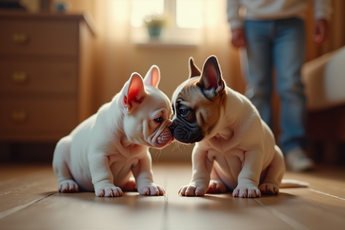 Chiot bulldog francais reniflant un autre chiot en interieur