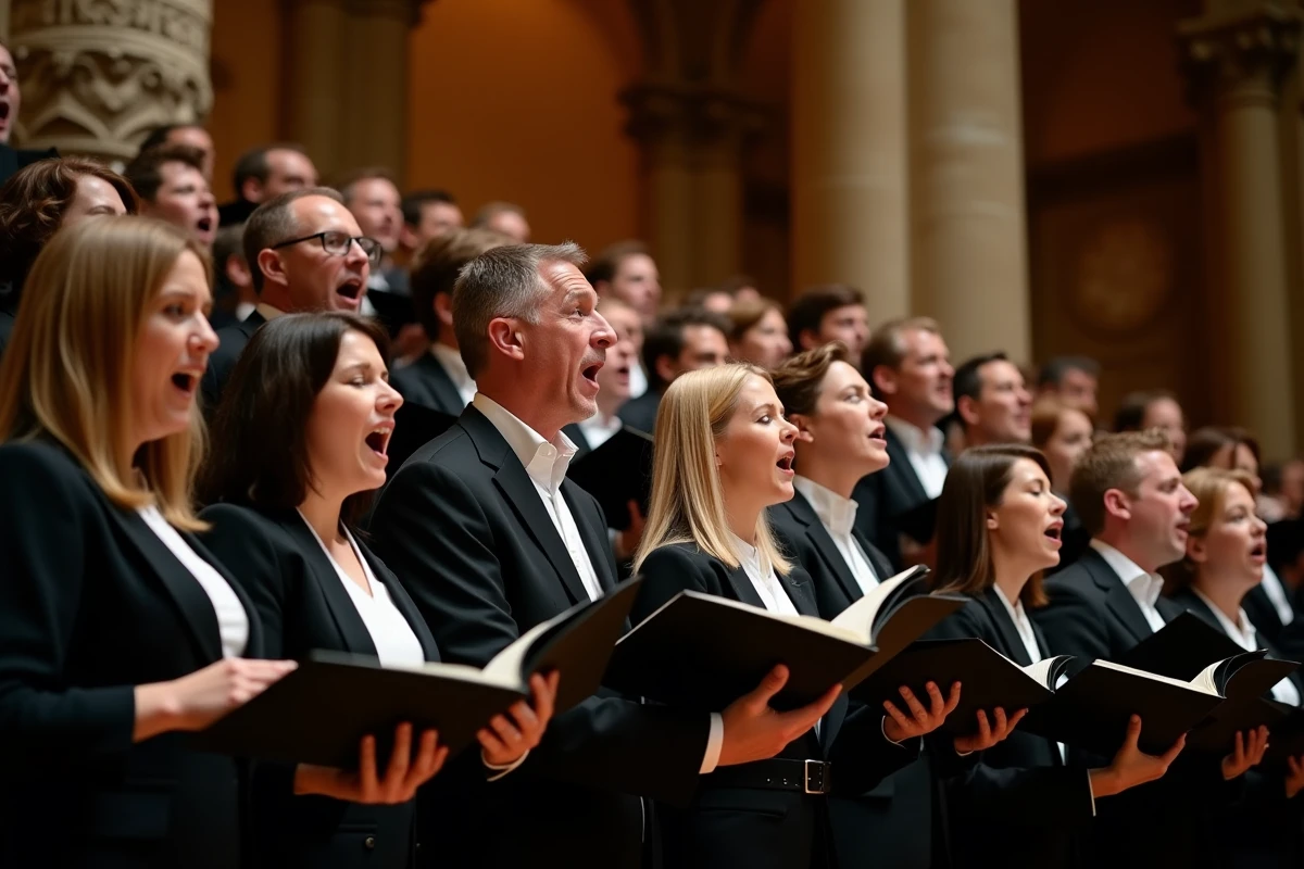 Chorale mixte en tenue de concert chantant La Marseillaise dans une salle de spectacle en pierre