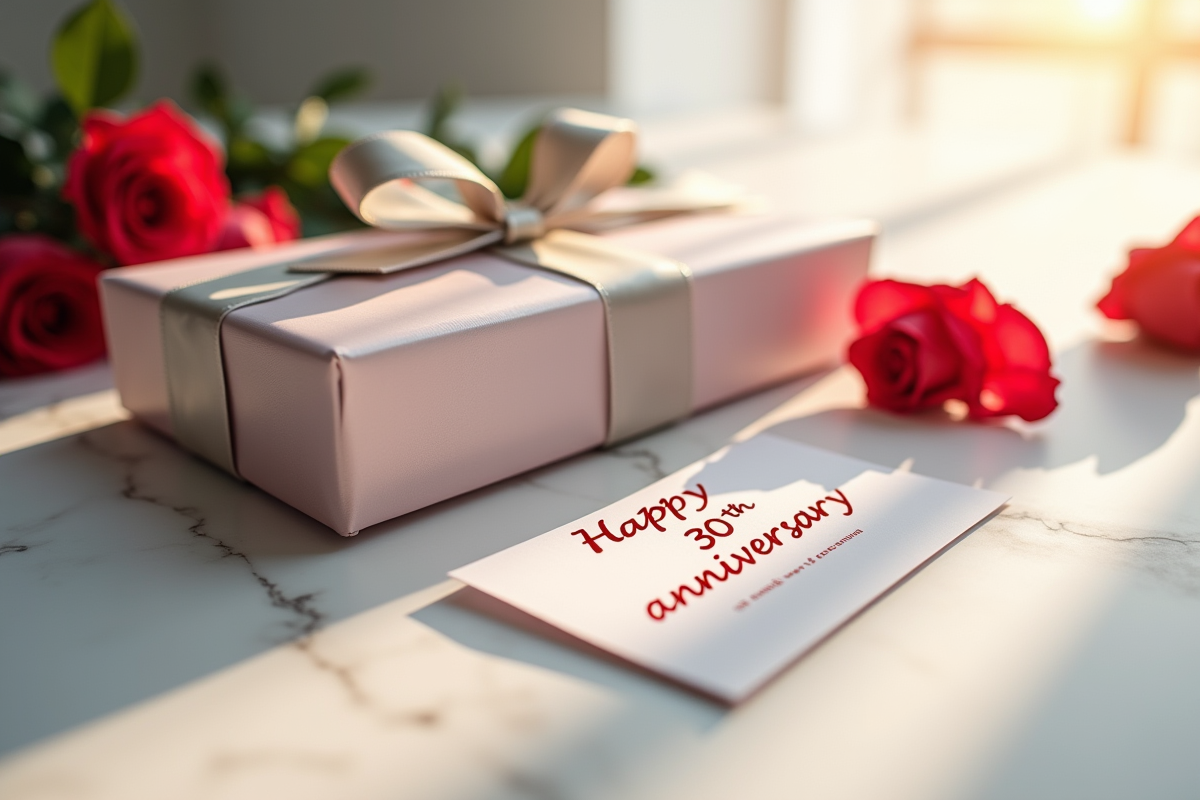 Coffret cadeau luxueux avec roses et carte anniversaire 30 ans