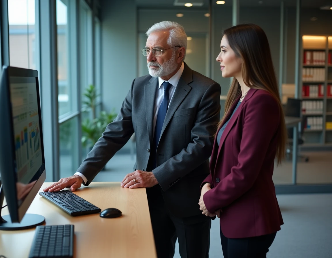 Deux professionnels du droit collaborant devant une base de données juridique dans un cabinet d'avocats en open space