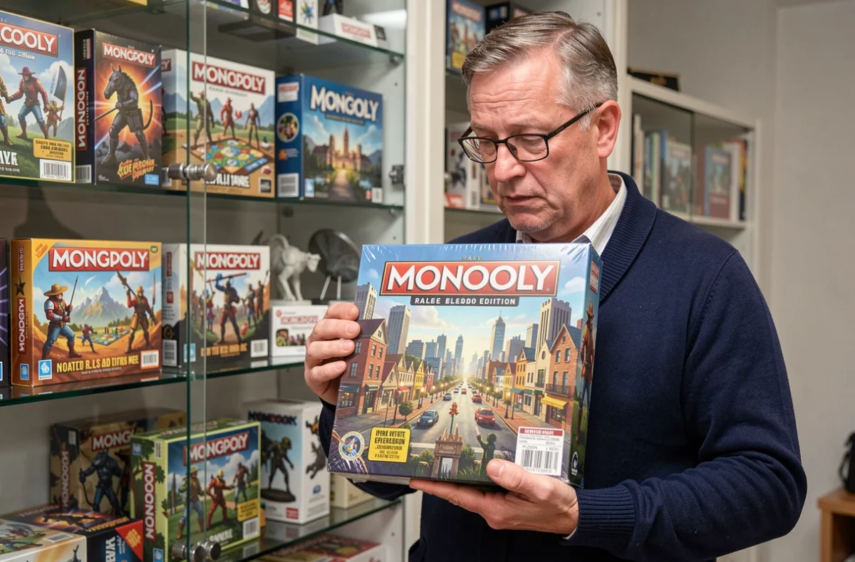Collectionneur d'âge mûr tenant une boîte de Monopoly ville rare et scellée devant une vitrine d'éditions limitées de jeux de société