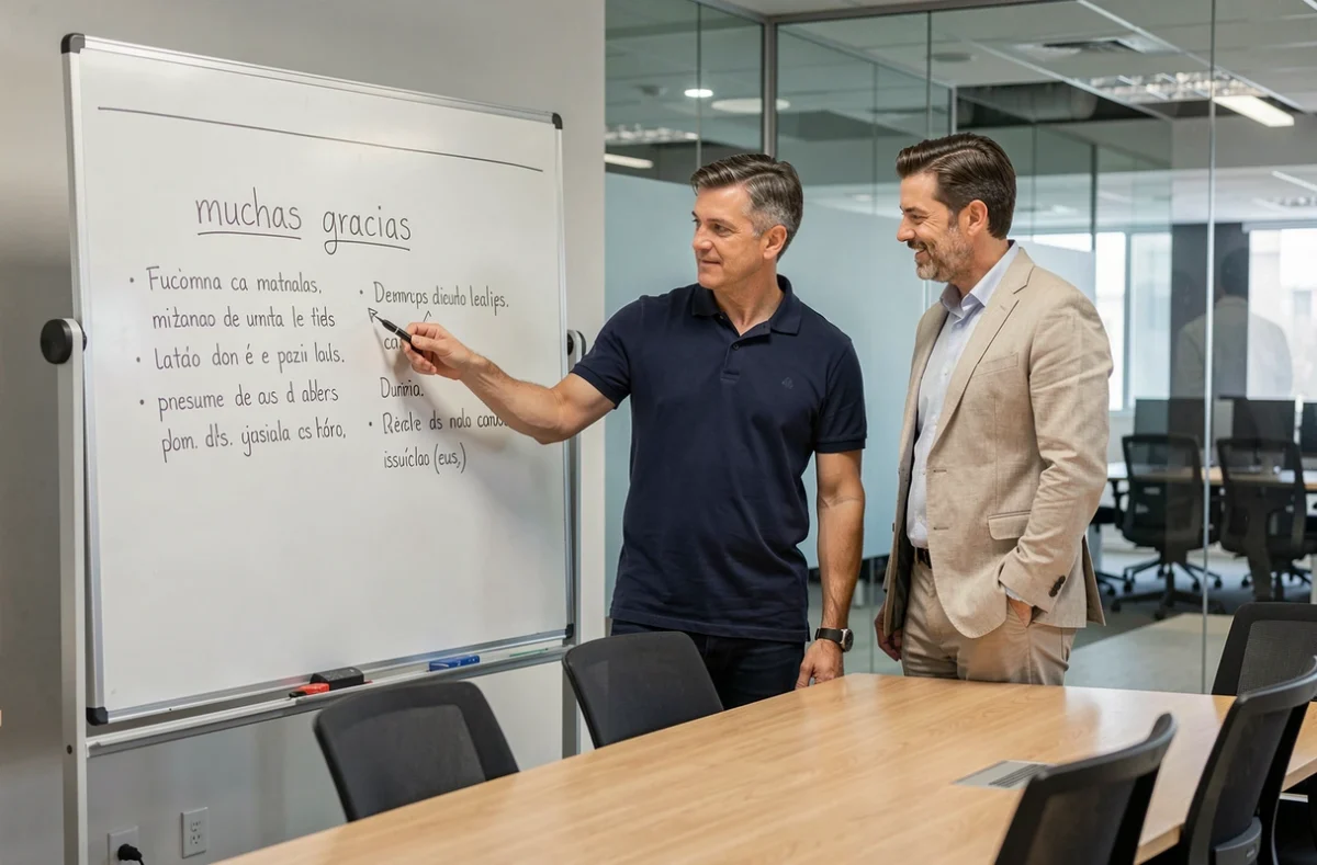 Deux collègues en salle de réunion discutant des formules de politesse en espagnol écrites sur un tableau blanc