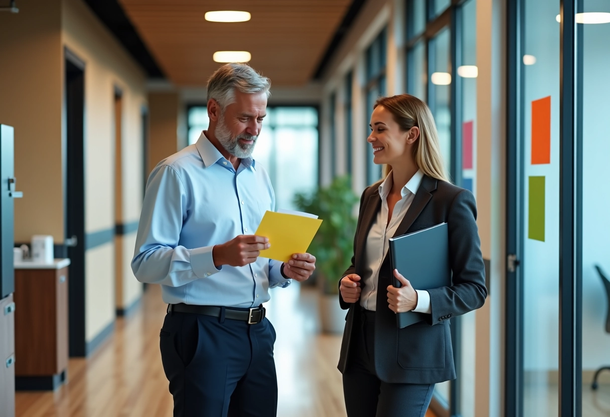 Deux collègues souriants près du distributeur d