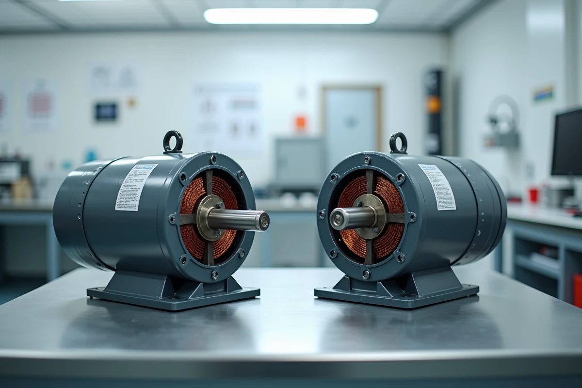 Comparaison côte à côte d'un moteur synchrone et d'un moteur asynchrone sur un établi de laboratoire technique