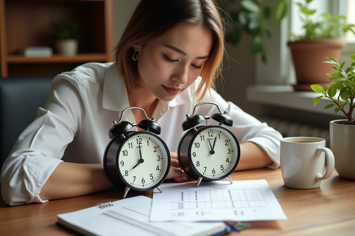Femme comparant une horloge AM/PM et une horloge 24h sur un bureau en bois avec un tableau de conversion manuscrit