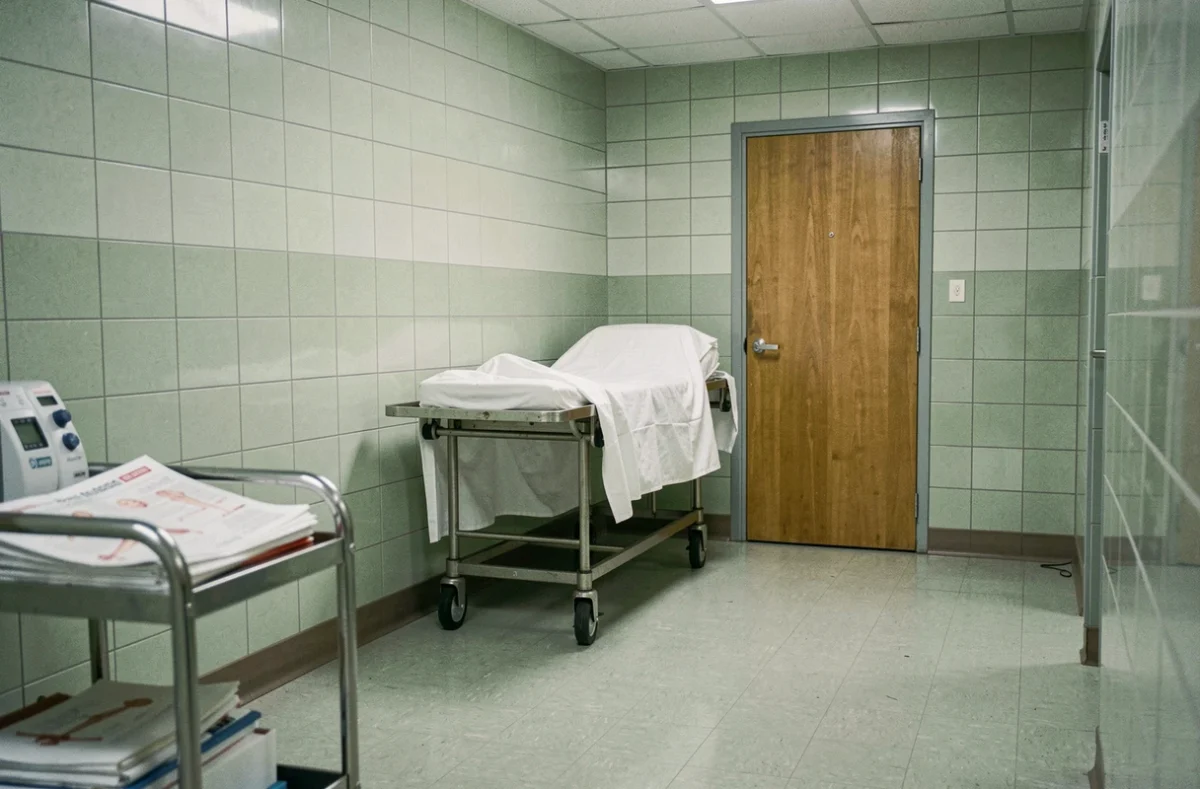 Couloir d'hôpital vintage des années 1970 avec civière et équipements médicaux anciens, symbolisant les soins médicaux controversés reçus par le Shah d'Iran