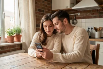 Couple regardant l'heure 18h18 sur un smartphone à table, moment de complicité et de tendresse au quotidien
