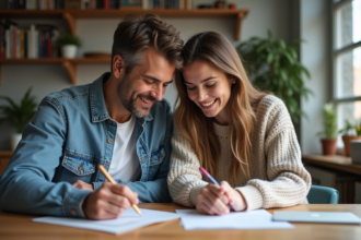 Couple assis à une table remplissant des papiers dans un appartement cosy