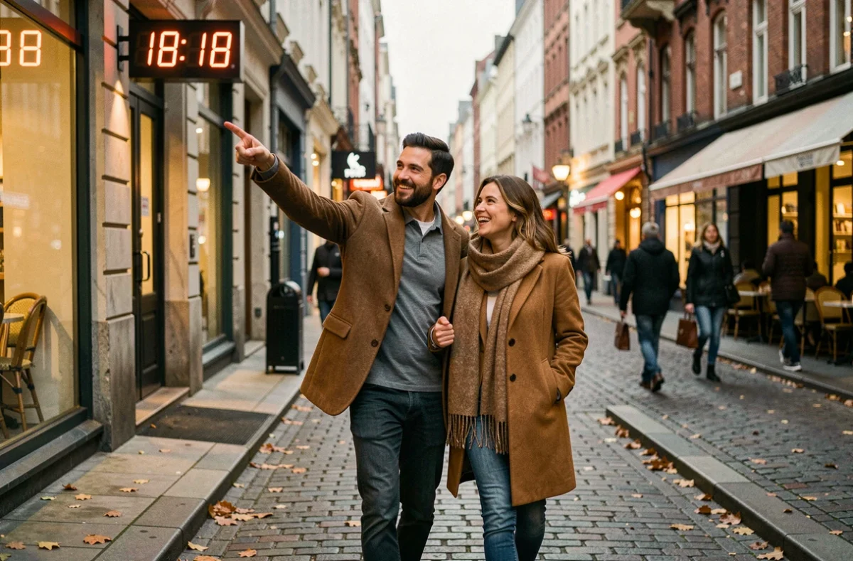 Couple dans la rue remarquant l'heure 18h18 sur une horloge urbaine, moment de complicité romantique en ville à l'automne