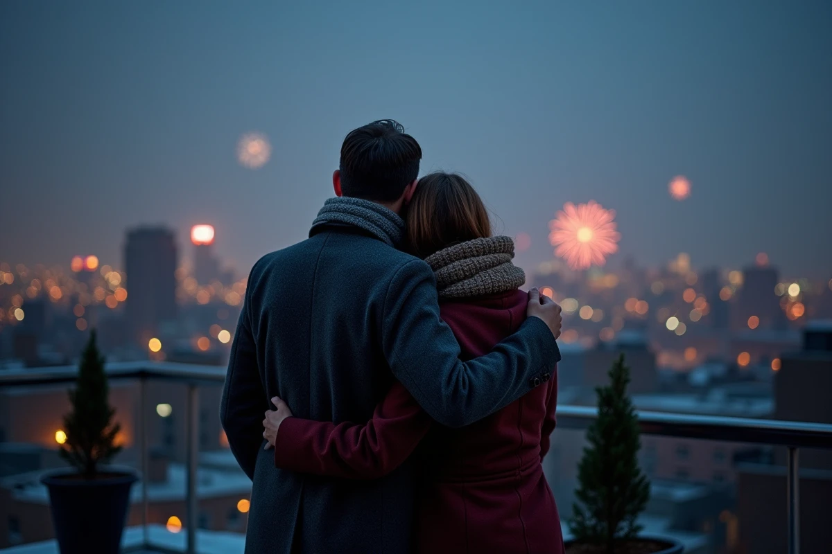 Couple s'embrassant sur un toit urbain la nuit du Nouvel An en observant les feux d'artifice au-dessus des toits de la ville