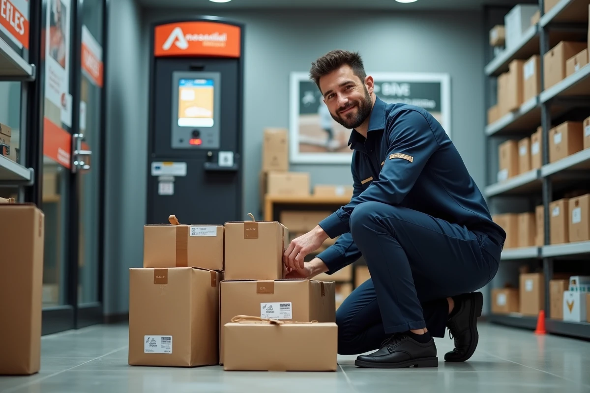 Livreur Mondial Relay avec colis dans un point de dépôt