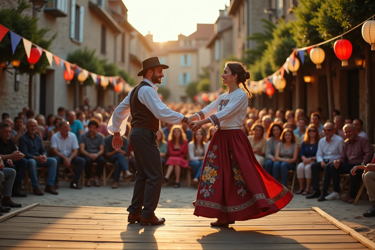 Couple en costume régional dansant sur scène lors d'une fête de village traditionnelle française