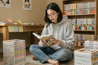 Jeune femme débutante en manga lisant un volume entourée de nombreux tomes sur le sol de sa chambre