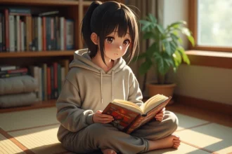 Jeune femme lisant un manga original japonais dans une chambre cosy inspirée du Japon, découvrant le sens de lecture de droite à gauche