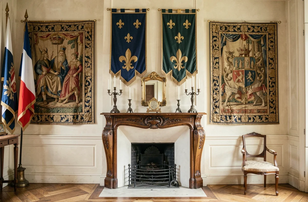 Décoration intérieure historique avec plusieurs drapeaux royaux français à fleurs de lys encadrés au-dessus d'une cheminée sculptée