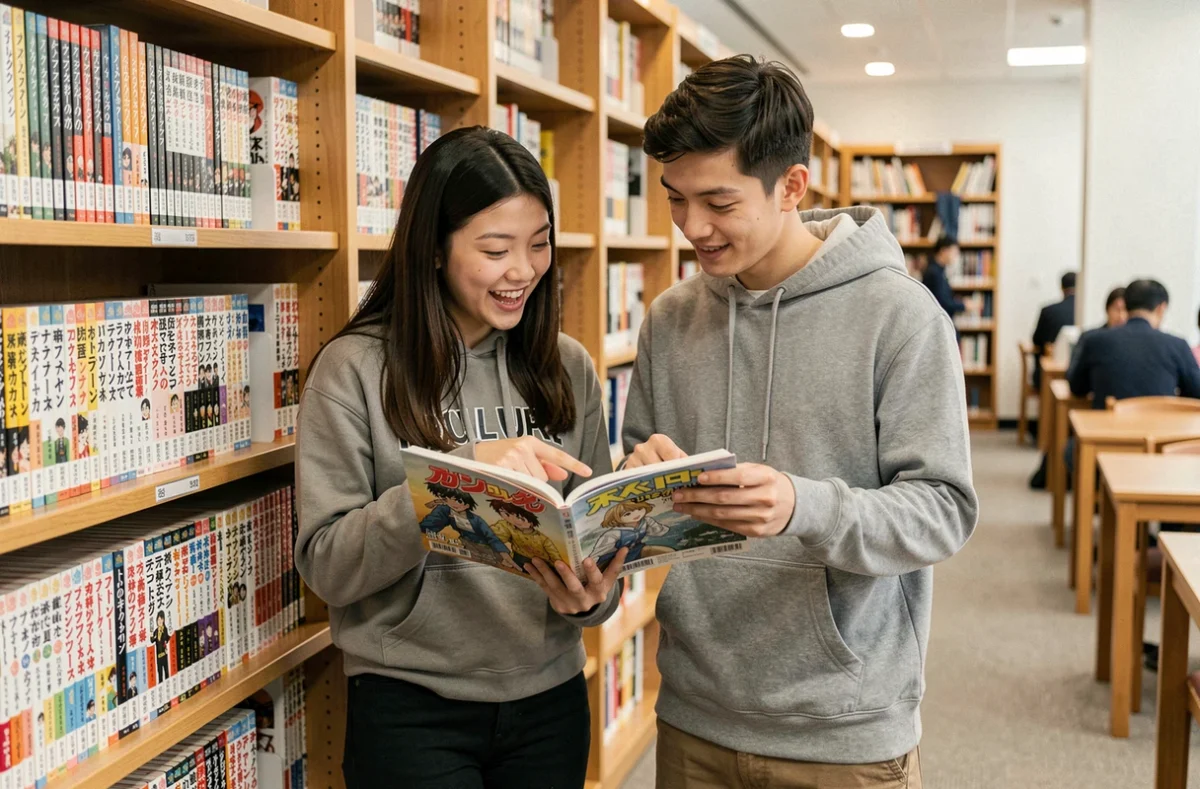 Deux jeunes adultes découvrant ensemble des séries manga dans une bibliothèque garnie de volumes colorés